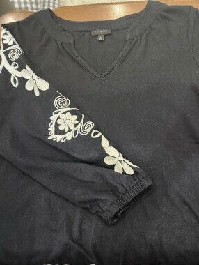 Talbots Black Embroidered Puff Sleeve Top | 100% Cotton | Size M